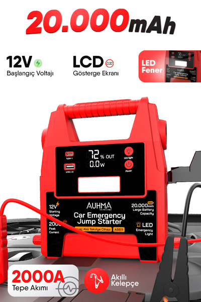 auhma A8811 12V Car Emergency Jump Starter 20000mAh Akü Takviye Cihazı Powerb...
