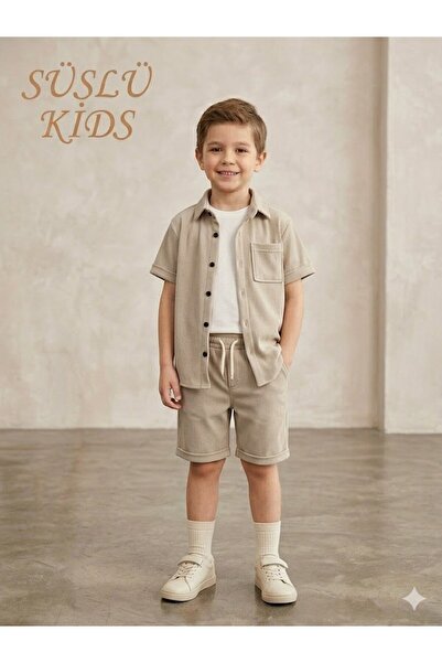 SÜSLÜ KİDS Boy's Jacquard Fabric Shirt/Zero Sleeve T-Shirt/Shorts 3-Piece Set