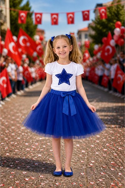 HER ŞEY NOTA www.herseynota.com Set fustă din tul albastru Saks pentru fete, ...