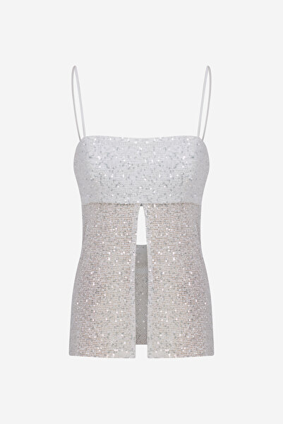 ILA THE BRAND Asita-Sequin Top with Front Slit and Cowl Back in White
