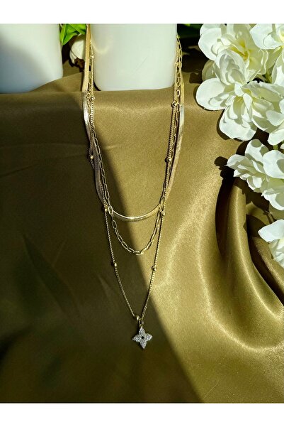 Merishe Jewerly Gold Çoklu Zincir Yoncalı Paslanmaz Çelik Kolye