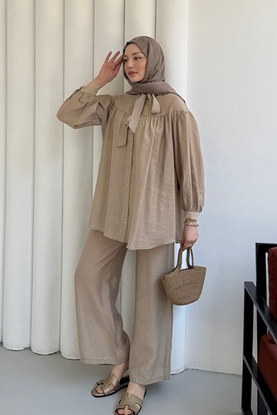 Modaensarbutik Yaka Bağlamalı Gömlek Pantolon Tesettür Takım-TAŞ