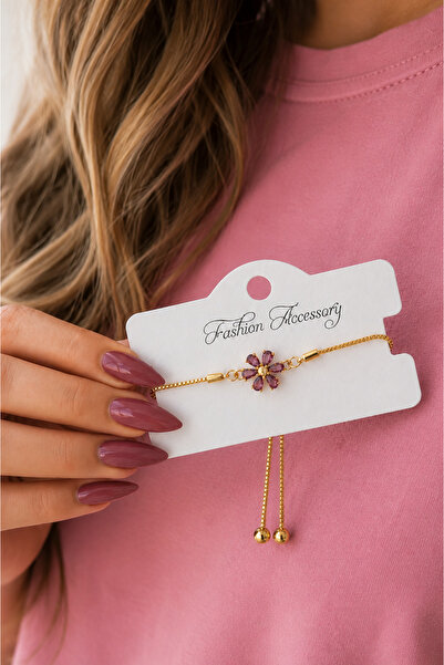 ERH Flower Detailed Adjustable Gold Color Steel Women's Bracelet with Purple ...