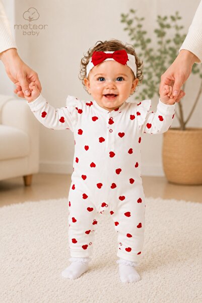 METEOR BABY Baby Girl Set Heart Patterned Jumpsuit Bandana Seasonal Set 3 6 9 12