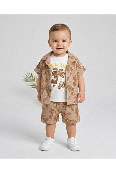 Ege Bebek Baby Boy Palm Tree Printed Muslin Shirt and Shorts Summer Muslin Se...