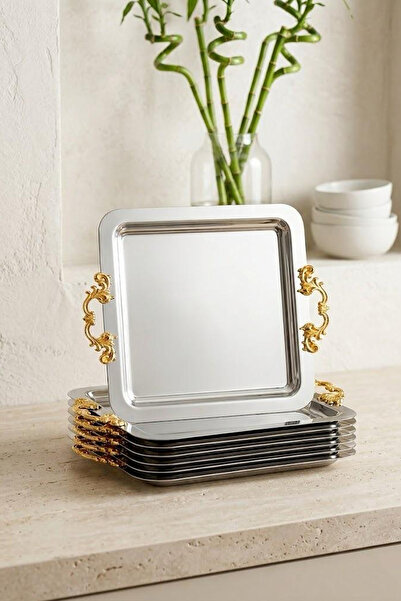 Kitchen Life 6-Piece Stainless Steel Square Gold Coffee Presentation Tray wit...