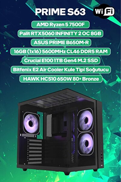 Game Garaj ModArt Prime S63 AMD R5 7500F 16GB RAM 1TB SSD RTX5060 FreeDOS Oyu...