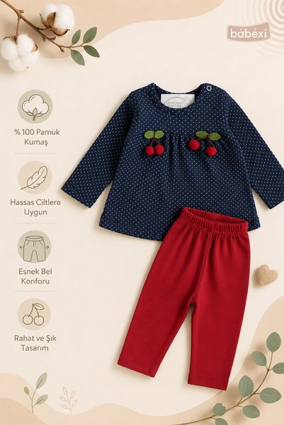 METEOR BABY Baby Girl Cherry Detailed Top and Bottom Seasonal Set 3 6 9 12