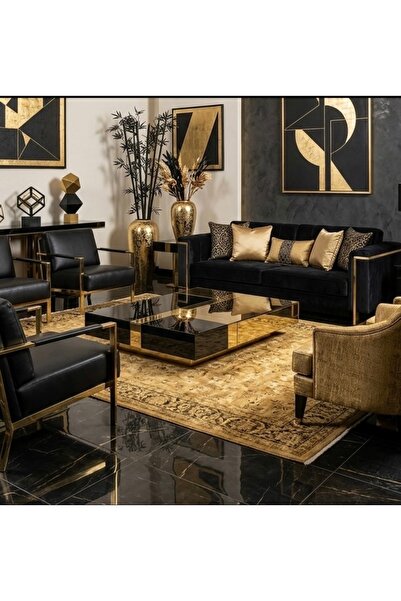 LUXURY VİLLA LUXURY GOLD AYNALI SIYAH CAMLI DEKORATIF ORTA SEHPA 90 × 150 YÜK...