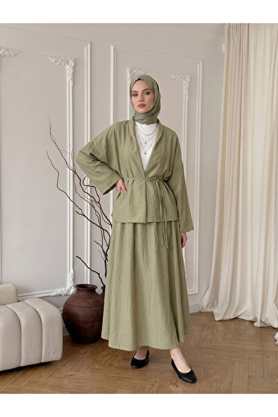 Lunsera Store طقم تنورة منسوجة باللون الفراولة - كاكي