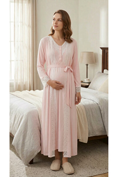 Lohusa Homewear Yeni Sezon Pudra Hamile Lohusa Yazlık Tam Boy Zarif Dantel De...