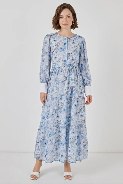 Efnaz style Women's Round Neck Belted Floral Patterned Viscose Blue Hijab Dress