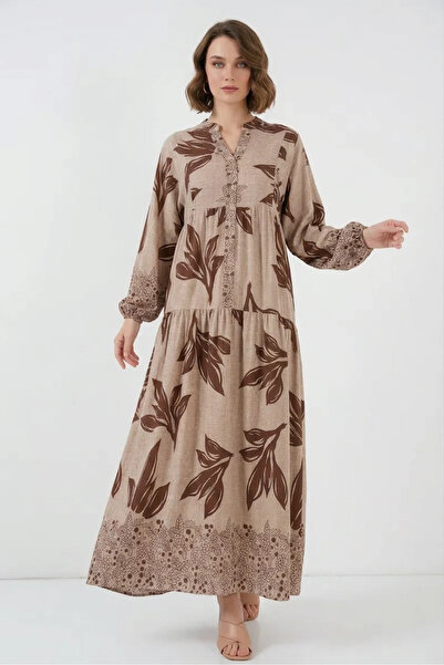 Efnaz style Women's Round Neck Gathered Waist Floral Patterned Viscose Smoked...