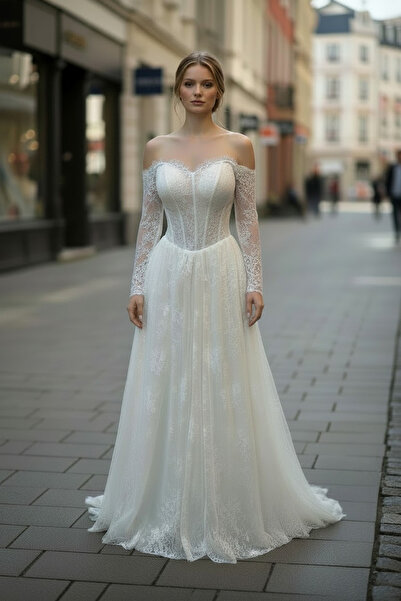 GÖKŞİN MODA Long Sleeve Lez Lace Wedding Dress