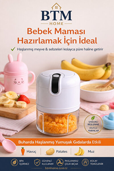 btm home Şarjlı Mini Doğrayıcı Taşınabilir Rondo Bebek Maması Sebze Meyve Öğü...