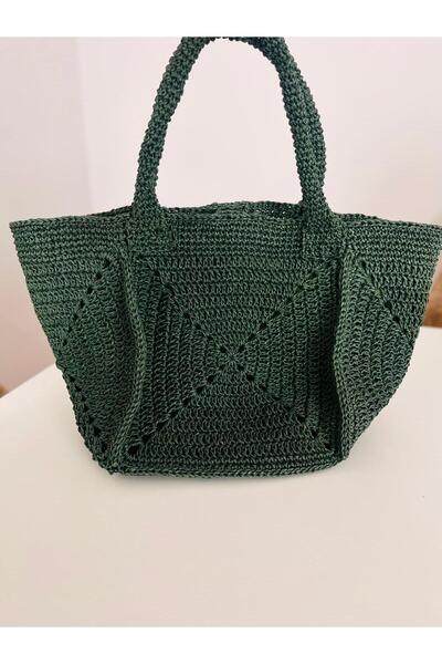 İlmek anne butik Kağıt İp Çanta- Motifli Büyük Boy Çanta- Yeşil örgü Hasır Çanta