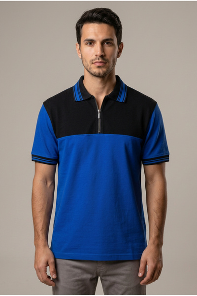 Tisho Erkek Fermuarlı Polo Yaka T-Shirt Mavi Siyah %100 Pamuk Pike Kumaş