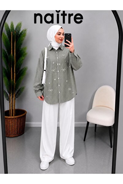 naitre قميص نسائي كبير الحجم مزين باللؤلؤ ومخطط