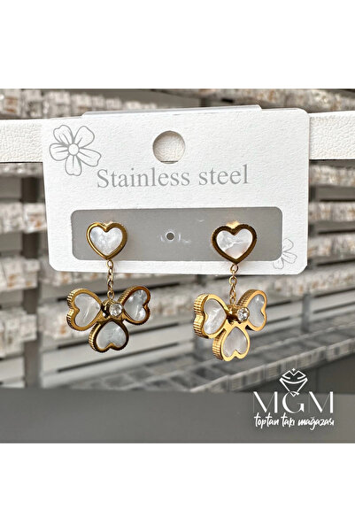 EASERA TİCARET Steel Mother-Of-Pearl Heart-Shaped Clover Earrings