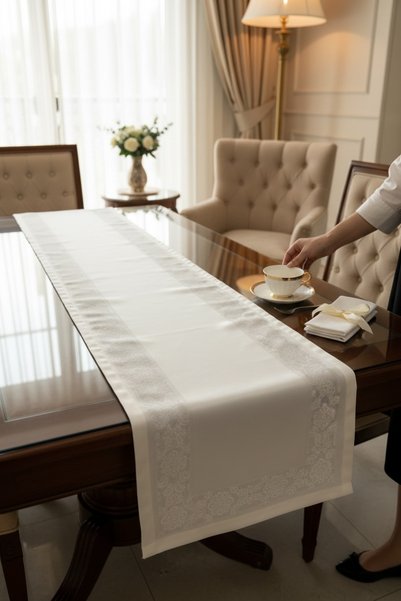 Pimula home Cream Jacquard Table Runner 40X160 Waterproof
