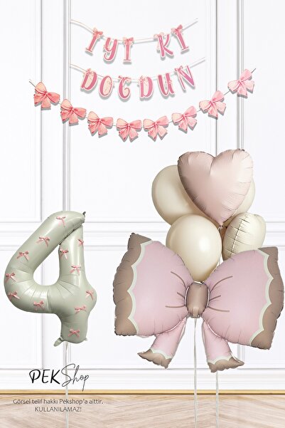 PEKSHOP 4 Yaş Retro Pembe Fiyonk Tema Lüks 4 Yaş Doğum Günü Balon Seti