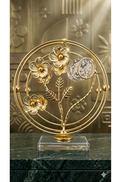 ALRASHED Kristal Küre ve Kristal Tabanlı Lüks Metal Çiçek Dekoru – Gold Moder...