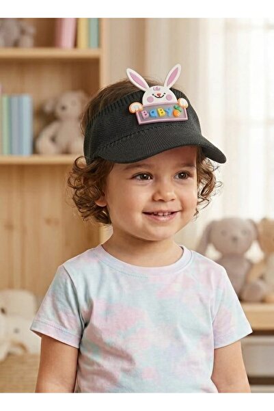 ÇOCUK UNISEX TAVŞAN FİGÜRLÜ SİYAH VİZÖR TENİSCİ ŞAPKA