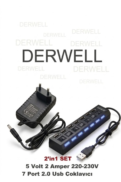 Derwell Yeni 2026 2in1 Set Güç Adaptörü 7 Port Usb Çoklayıcı Hub 5 Volt - 2 A...