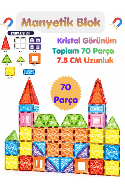 Magneton 70 Parça Manyetik Blok - 7,5 cm Büyük Boy - Kristal Elmas Görünümlü ...