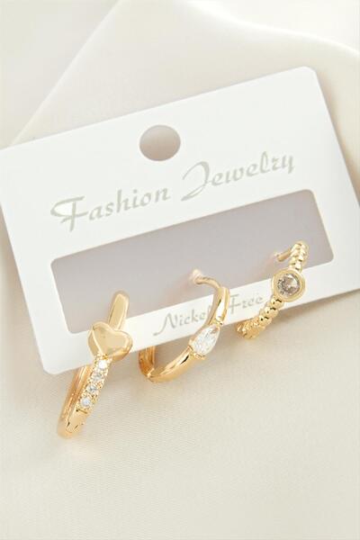 ZERO LAND Ilkeshop 3 Pieces Heart Zircon (03158) Stone Earrings-Yellow