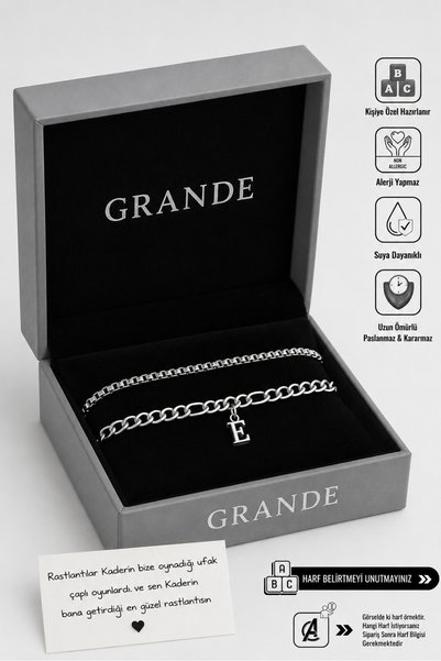GrandeAccessory Kişiye Özel Harfli Çelik Bileklik Seti | Paslanmaz Kararmaz B...