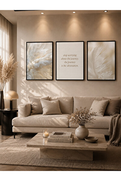 Dekor Minimalist Yazılı 3’lü Tablo Seti – Bej Modern Duvar Dekoru | Soft Luxu...