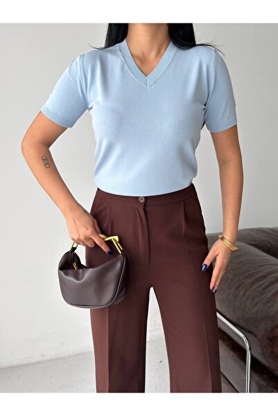 Lovely butik Women's V-Neck Mercerized Textured Knitwear T-Shirt Summer Basic...