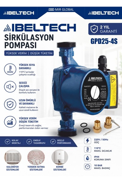 İBELTECH GPD25-4S 130mm Devir Daim & Sirkülasyon Pompası 3 Kademeli Sessiz Ko...