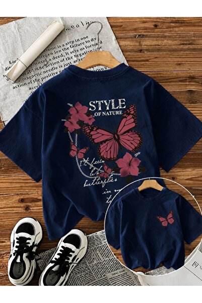 Baxia KIZ ÇOCUK KELEBEK BASKILI LACİVERT RENK Kısa Kollu Bisiklet Yaka Tshirt...