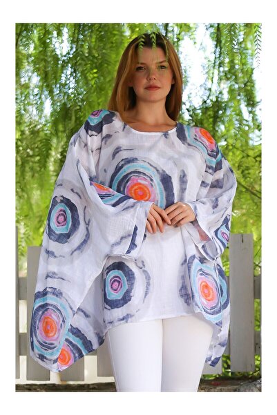 LC Waikiki Nevavm Italian White Pool Collar Bat Sleeve Geometric Patterned Li...