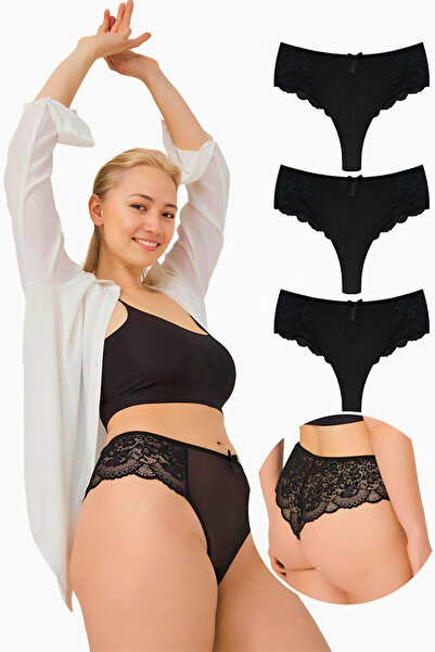 Homay 3-Pack Black Plus Size Brazilian Panties with Tulle Detail on the Front...