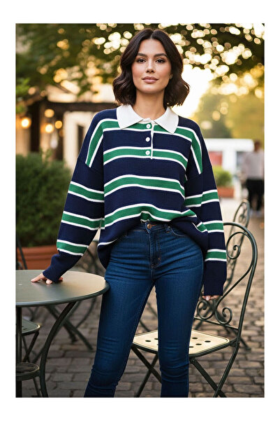 LC Waikiki Nevavm Green Premium/Special Yarn Polo Collar Knitwear Sweater wit...