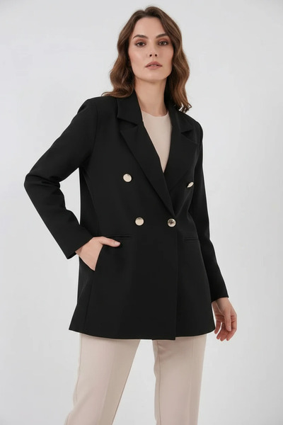 buğrahayalin Women's Double-Breasted Collar Double-Button Black Jacket