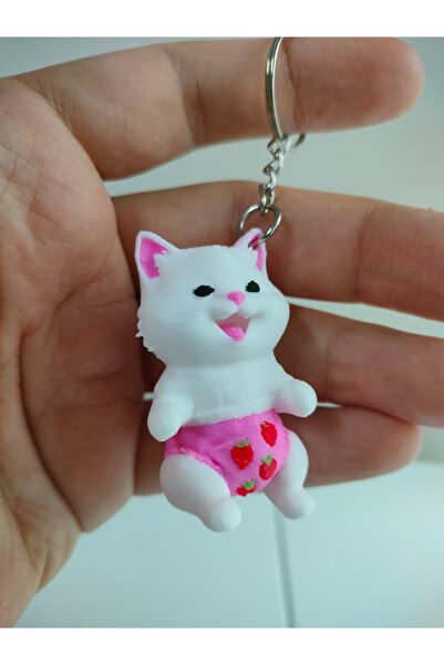Kumage 3D Çilekli Don Kedi Anahtarlık - Çanta Charmı