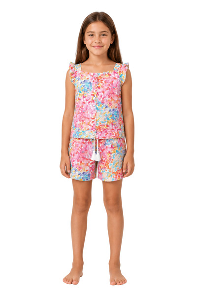 onymino Girl's Strappy Ruffle Detailed Top and Bottom Set with Shorts Summer Set