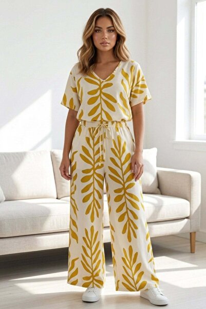 Mossta Patterned Loose Blouse and Pants Set Comfortable Fit Combination - Yellow
