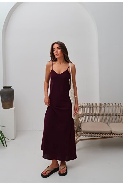 Butik Mürdüm Ayrobin Kumaş Ayarlanabilir Askılı Maxi Elbise(bir beden büyük a...