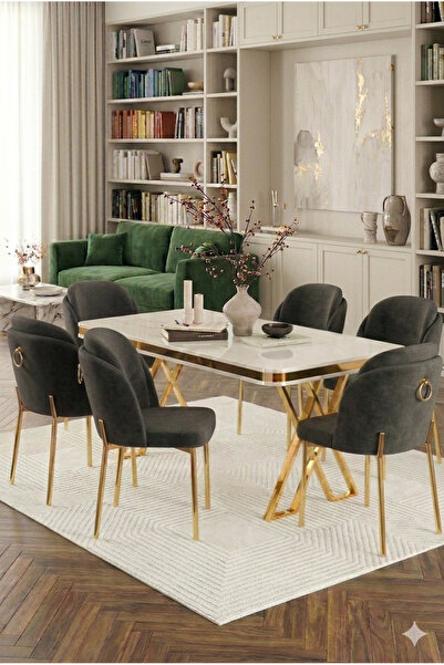 DEREN HOME Esla Gold Serisi 80x130 Mdf Sabit Masa Metal Ayak +6 Silinebilir M...
