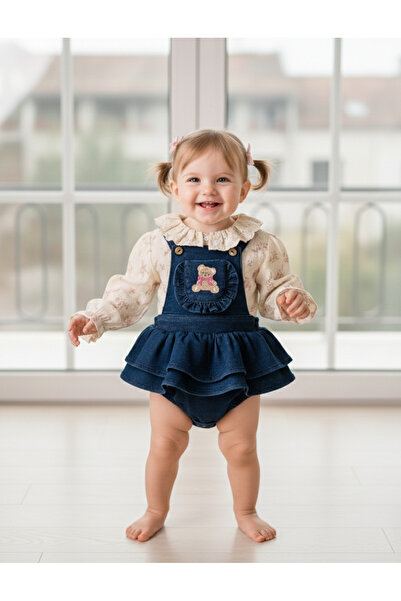 Coolimino Bear Embroidered Baby Girl Double Romper Jumpsuit