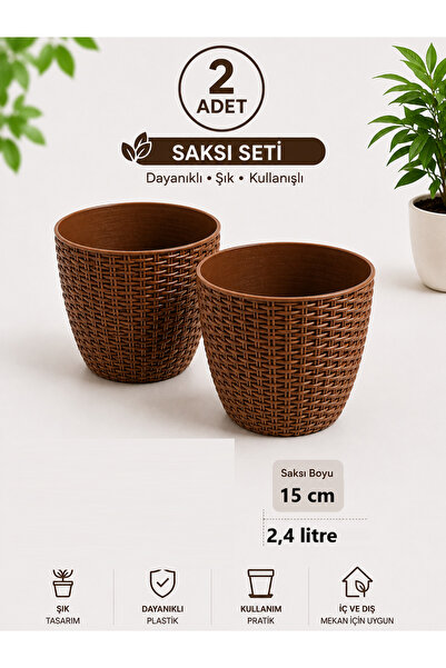 GÜZELYÜZ AVM 2 Adet Rattan Saksı | Saksı Seti 2,4 Litre Kahverengi 165x145mm ...