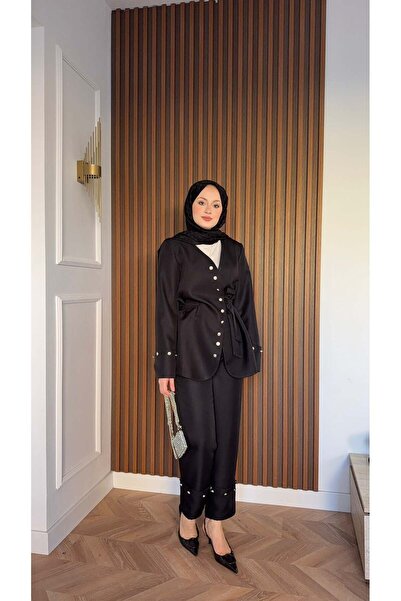 MEYSADESİGN Diva Gümüş Aksesuarlı Ceket Takım Siyah