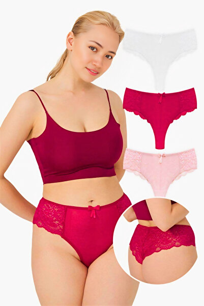 Homay 3-Pack Large Size Transparent Brazilian Panties with Tulle Detail on th...
