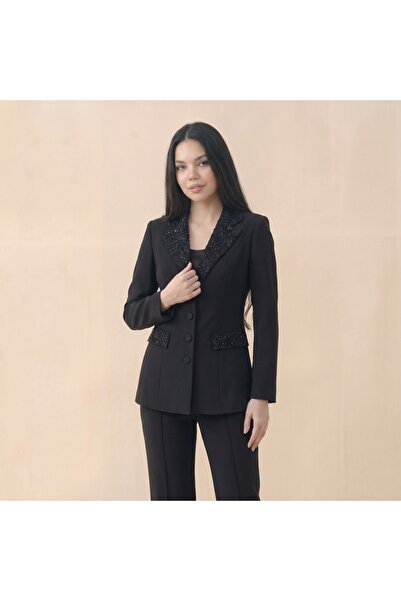 Yaka Ve Cep Kristal İşlemeli Tailored Magenta Blazer Ceket Ve Pantolon Takımı Rubellite