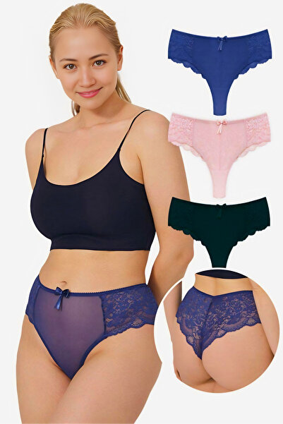 Homay 3-Pack Large Size Transparent Brazilian Panties with Tulle Detail on th...